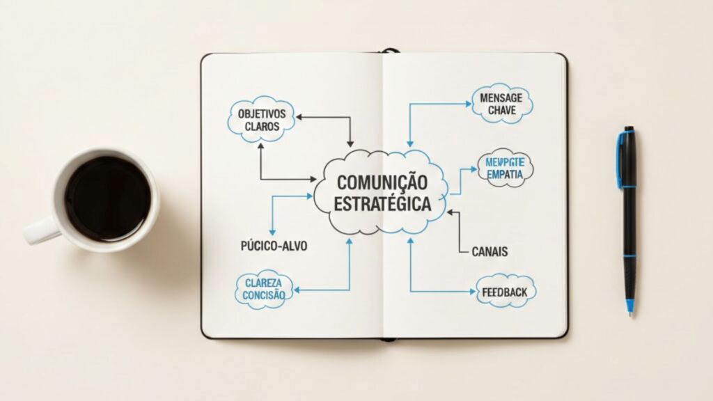 Mesa organizada com mapa mental representando clareza na comunicação assertiva.