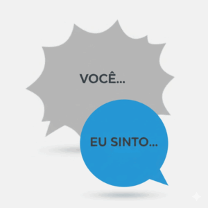 Comparativo visual entre comunicação acusatória e comunicação assertiva focada no eu