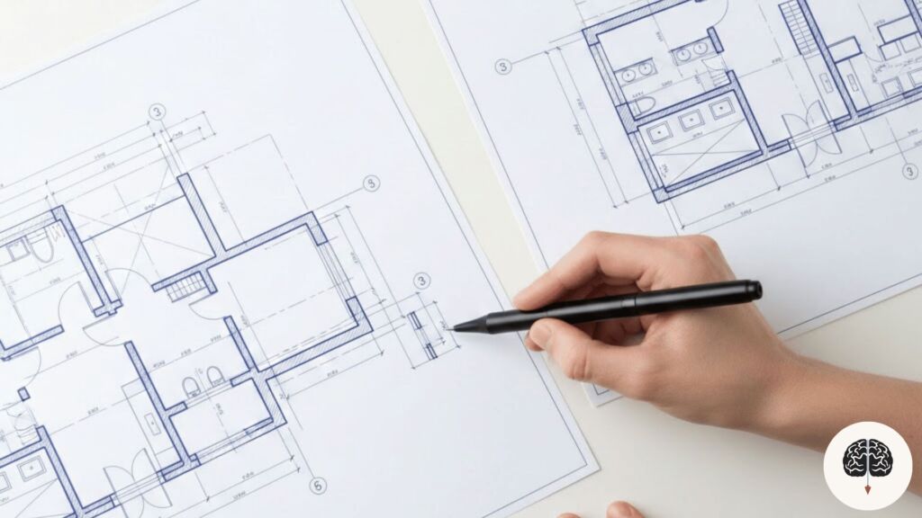 Desenhos arquitetônicos em uma mesa branca com mãos apontando detalhes, representando clareza e persuasão