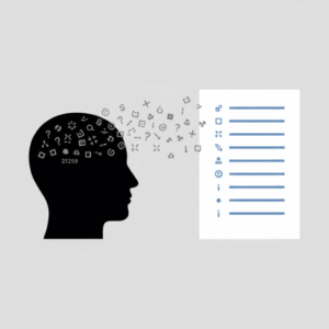 Ilustração de técnica de brain dump transferindo pensamentos da mente para o papel.