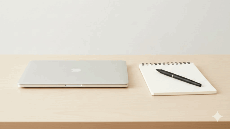 Mesa de trabalho minimalista com caderno e notebook representando clareza mental