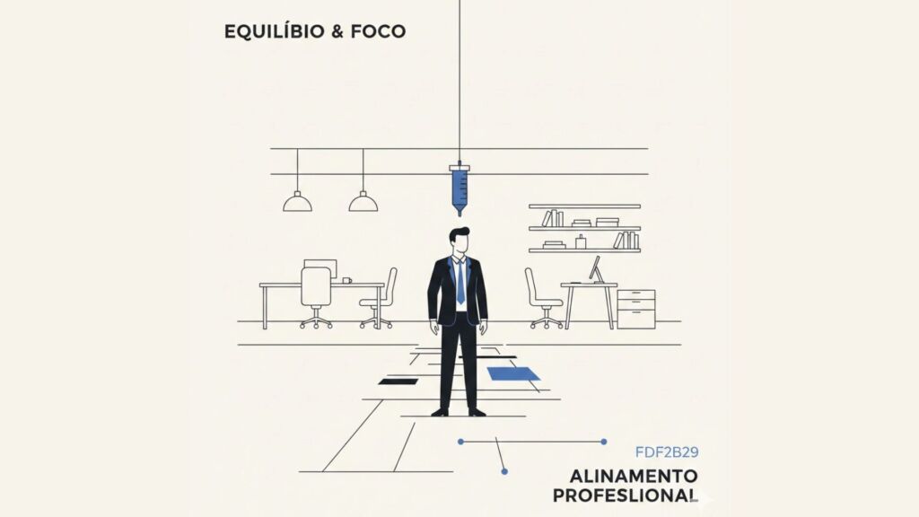Pessoa em equilíbrio profissional com um prumo simbolizando clareza mental e mentalidade de crescimento.