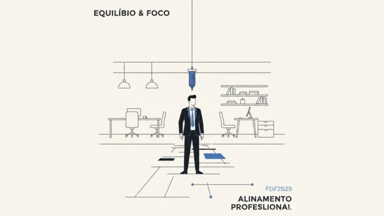 Pessoa em equilíbrio profissional com um prumo simbolizando clareza mental e mentalidade de crescimento.