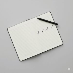 Caderno com checkmarks simbolizando rotina e hábitos duradouros