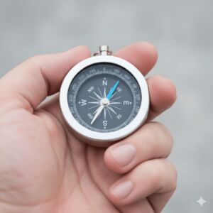 Mão segurando bússola simbolizando direção e método na tomada de decisão