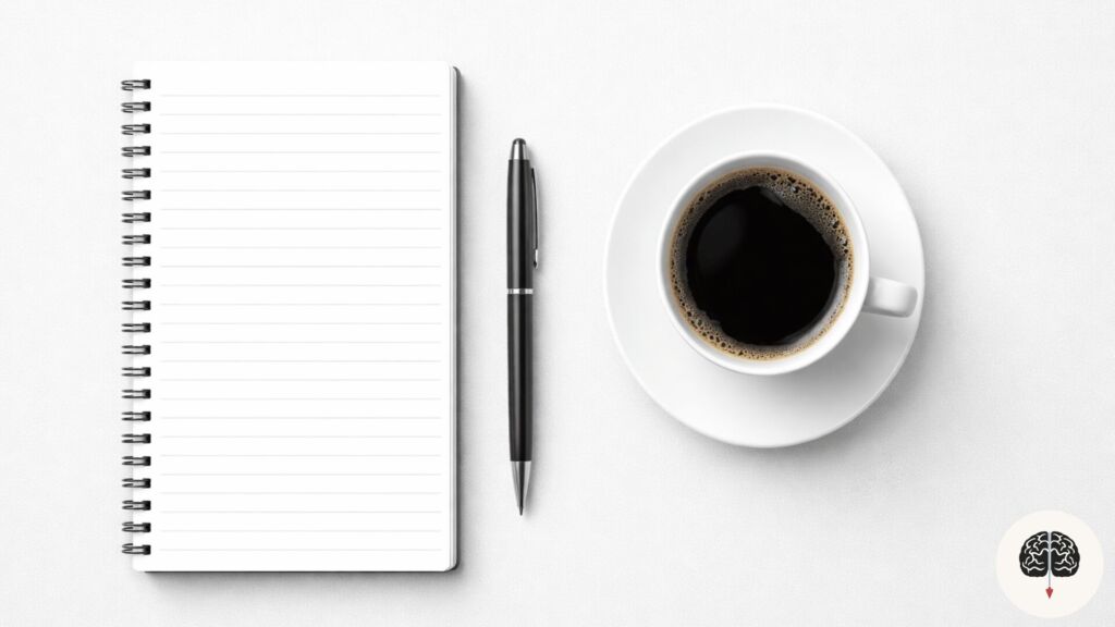 Escrivaninha minimalista com caderno e café representando foco e clareza mental