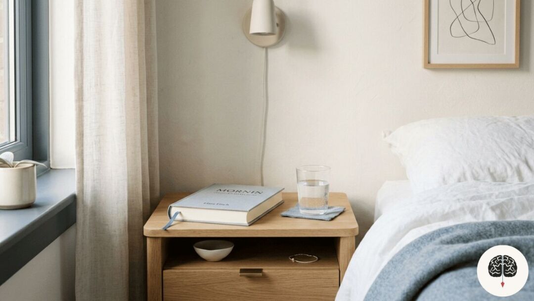 Criado-mudo organizado com livro, representando higiene mental e calma