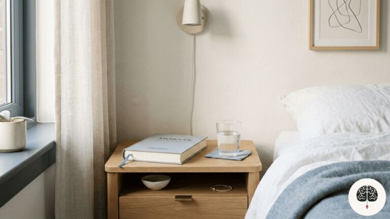 Criado-mudo organizado com livro, representando higiene mental e calma