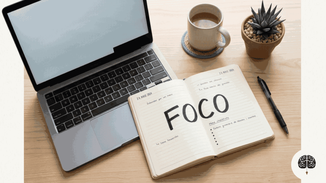 Mesa de trabalho organizada simbolizando foco e clareza mental