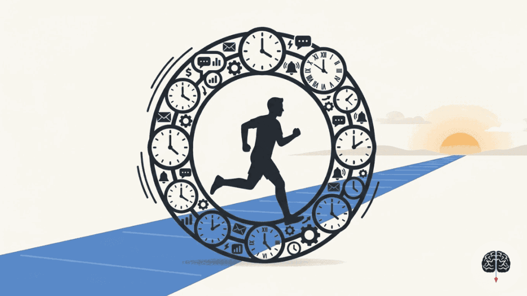 Ilustração minimalista de pessoa em roda de engrenagens simbolizando excesso de ocupação vs produtividade