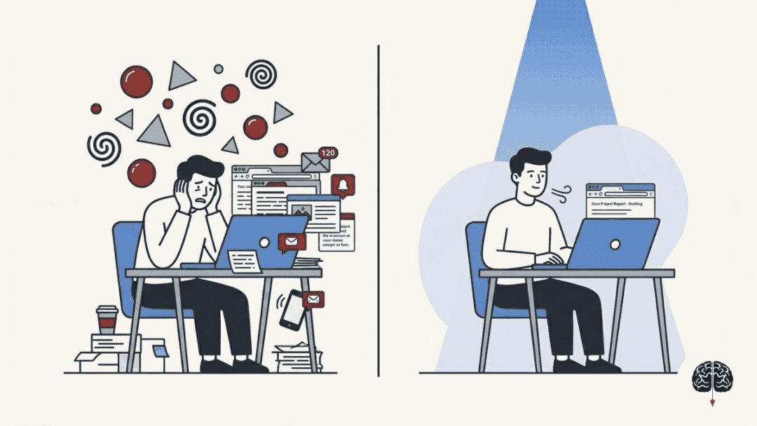 Ilustração minimalista representando foco total e eliminação de distrações no trabalho