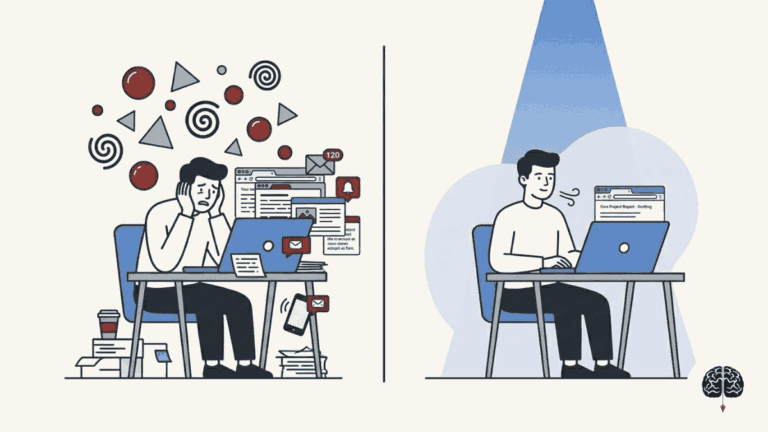 Ilustração minimalista representando foco total e eliminação de distrações no trabalho