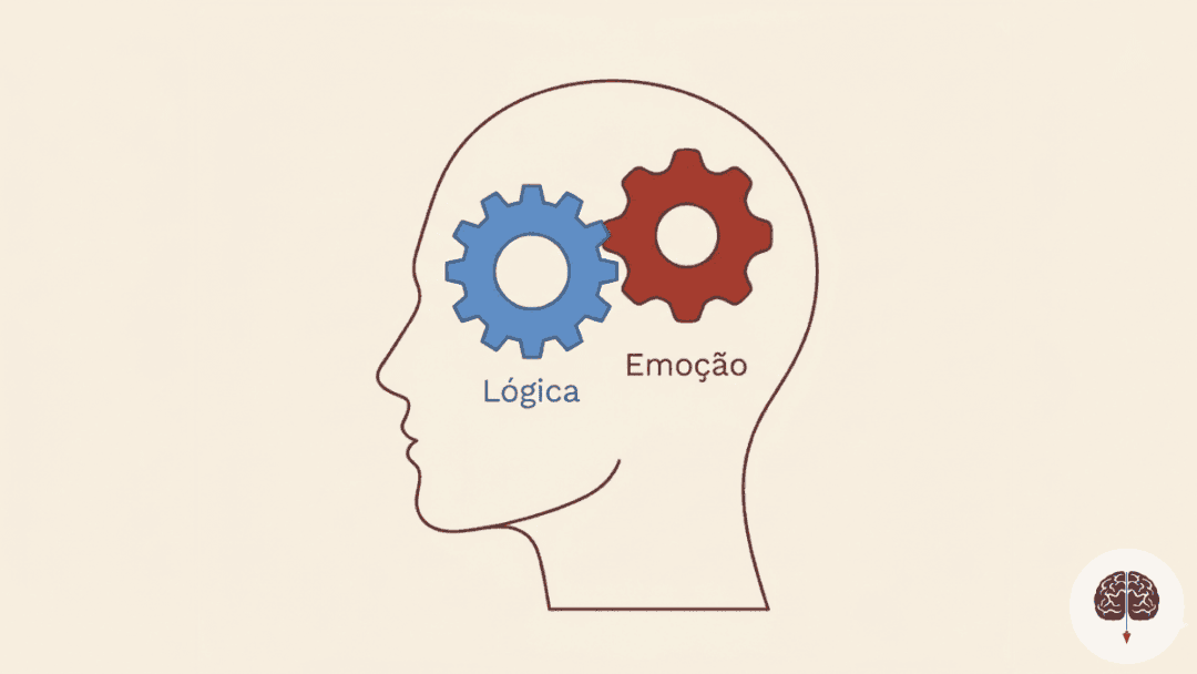 Ilustração minimalista de engrenagens mentais representando razão e emoção