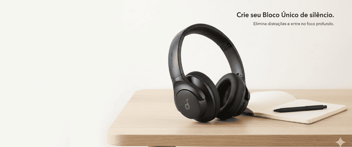 Fone de ouvido com cancelamento de ruído em uma mesa de trabalho organizada para foco