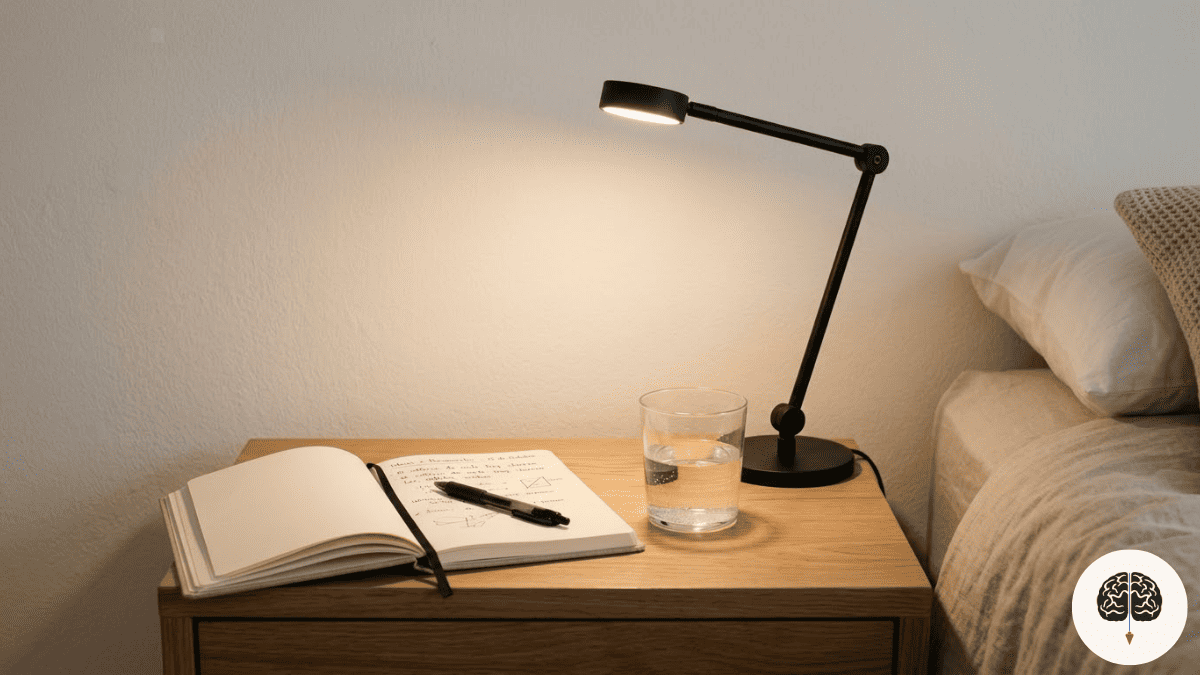 Um ambiente organizado é o primeiro passo para uma mente clara Caderno e luminária em mesa de cabeceira representando rotina noturna