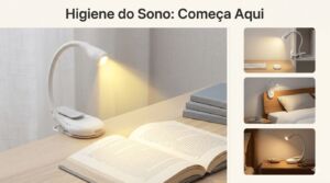 Luz de leitura recarregável com clipe presa em um livro, ideal para prática de higiene mental de domingo e redução de ansiedade