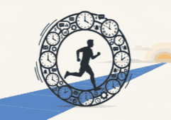 Ilustração minimalista de pessoa em roda de engrenagens simbolizando excesso de ocupação vs produtividade